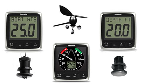 e70153 Raymarine i50 Speed, Depth, i60 Wind Displays with P120, P319 and Wind Vane Transducers